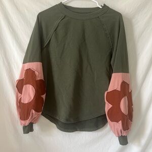 Boho Patchwork Floral Hippie Oversized Sweatshirt Crewneck Long Sleeve Green XS